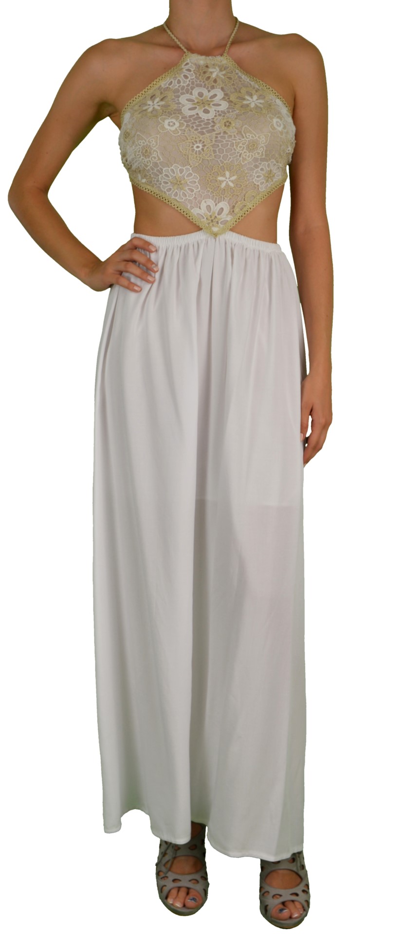 Coctail λευκό maxi φόρεμα με χρυσή δαντέλα 013600127W
